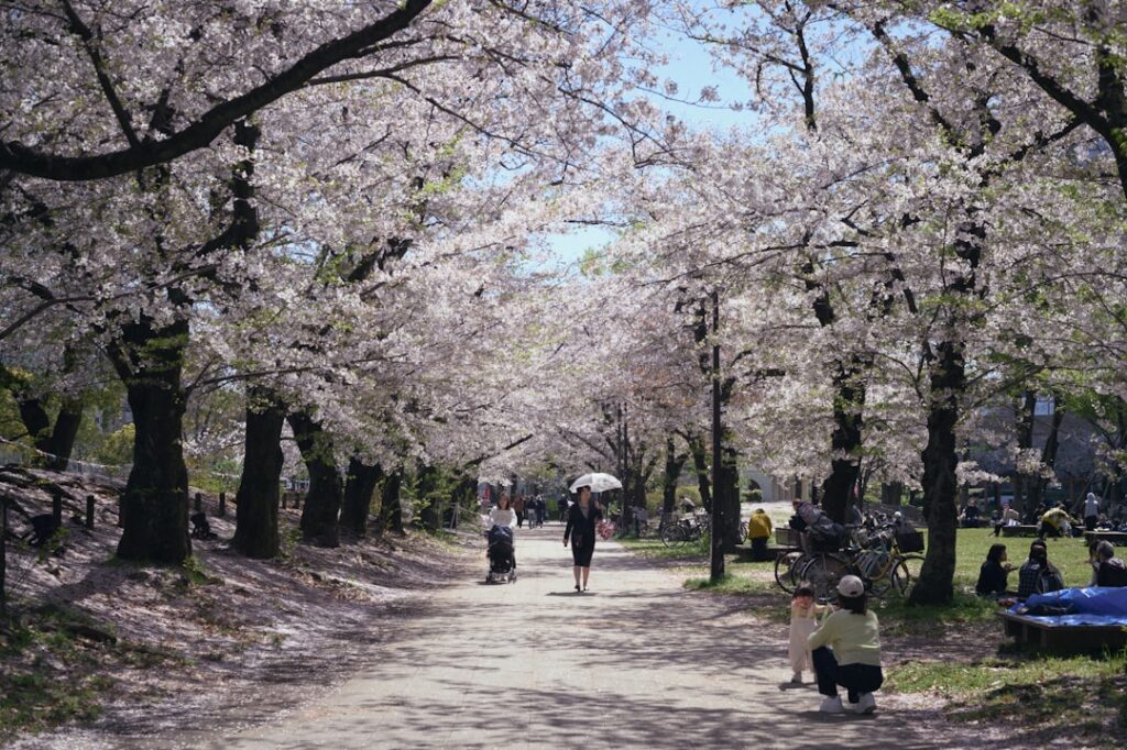 a group of people walking down a dirt road